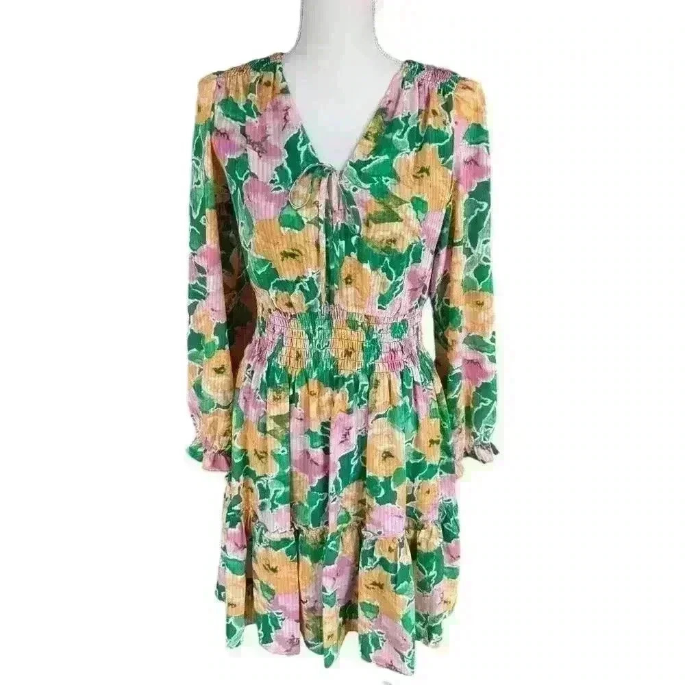 TAYLOR Long Sleeve Green, Pink and Yellow Floral Dress with Tie  - Size 8